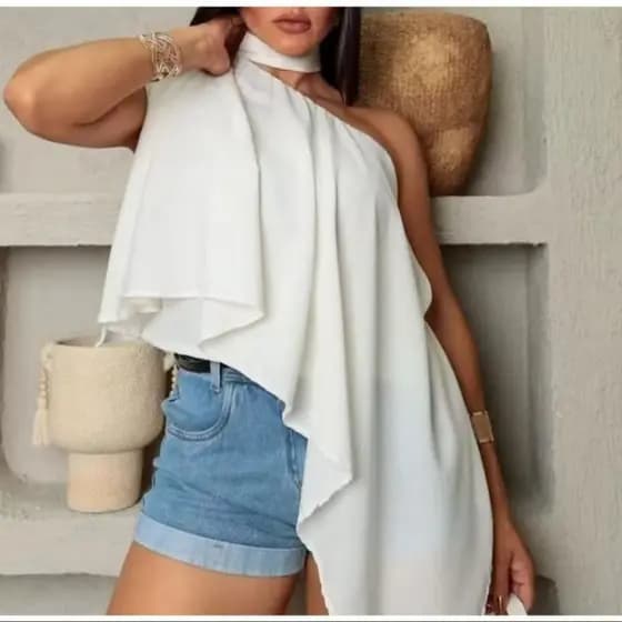 Blusa de Bico Feminina Choker Assimétrica Sem Mangas Comprida