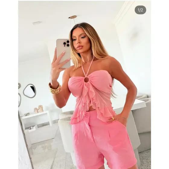 Bata sofia top tule transparente com decote babado boho fashion elegante  sofisticado cores do verão