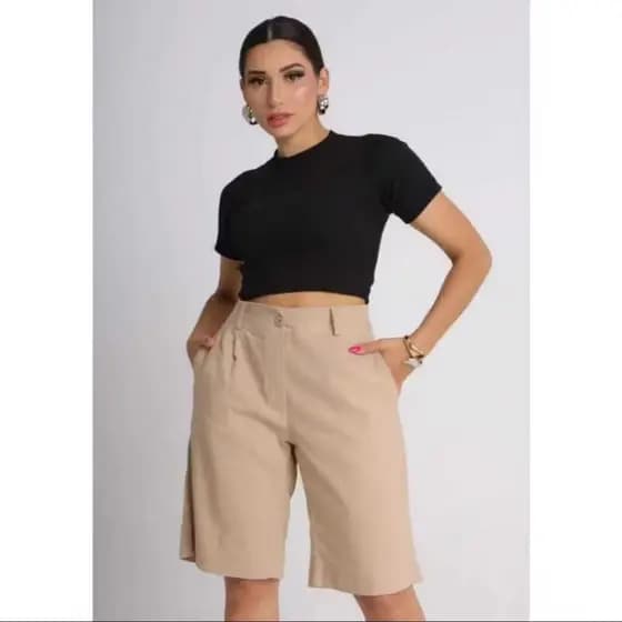 Bermuda Feminina Social Alfaiataria Linho Rústico Passante BT Bolso Tendência tecido linho