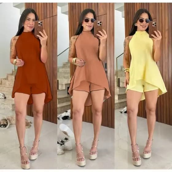 Conjunto Feminino  Duna Premium Frente Única Estilo Vestido Macaquinho  Soltinho Com Decote nas Costa