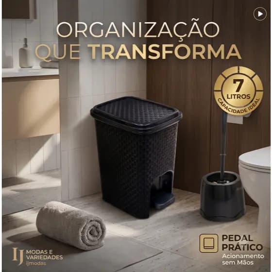 Combo Lixeira Rattan Preta 7 litros com  Escova Sanitária Reforçada Preto e Branco c/ Pedal Banheiro