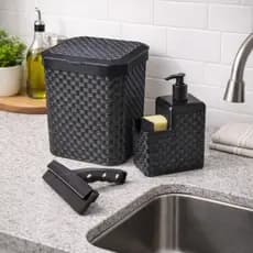 Kit Lixeira Pia 5 Litros + Porta Detergente Sabão + Rodinho de Pia Kit Cozinha 3 Peças Elegance Branco