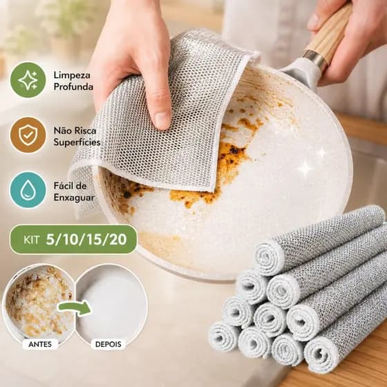 Um conjunto de 5 a 20 panos de limpeza de malha metálica sem óleo é usado para limpar fogões, utensílios de mesa e panel