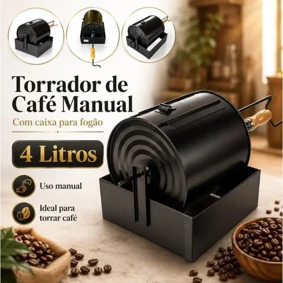 Torrador Café Manual com Caixa 4 Litros Top Pintura Eletrostática Preta Manopla em Madeira