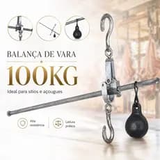 Balança de Vara até 100kg Varão Reforçado Açougue Mercado Feira Comércio Gancho