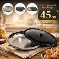 Tacho Paellera Cromado Com Tampa em Alumínio 45cm Profissional Com Alças em Madeira Paella
