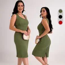Vestido Tubinho Feminino Elegante Evangélico Moda Casual Justo com Fenda Cavado Decote Social Midi