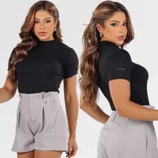 Blusa Feminina Gola Alta Camiseta Canelada Manga Curta T Shirt Moderna Básica