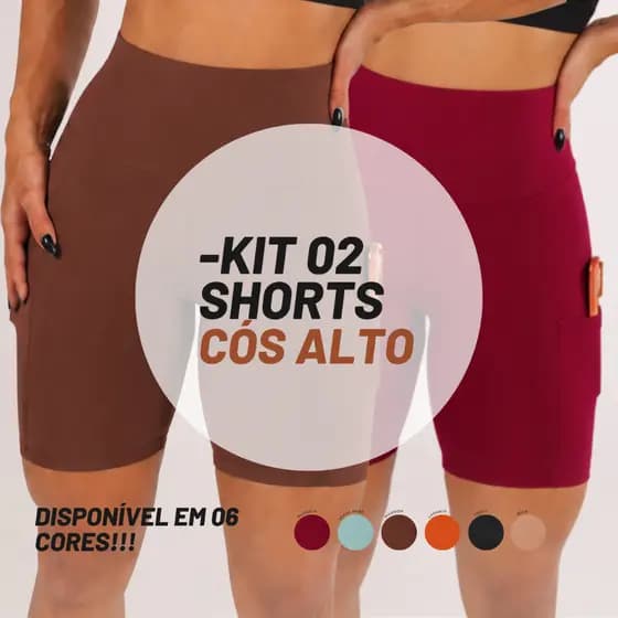 Kit 2 Short Fitness Feminino Cintura Alta com Bolso Modelador para Academia e Treino