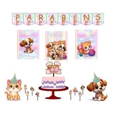 Kit festa Gatinhos Cachorrinhos Bichinhos decoração de festa aniversário Pet topo de bolo gato cachorro mesversário