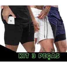 Kit 3 Bermudas Masculinas Academia 2 em 1 Dupla Camada e Suporte para Celular