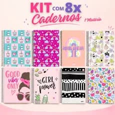Kit com 8 Cadernos Feminino 1 Matéria 80 Folhas Universitário Espiral Capa Dura - Animativa