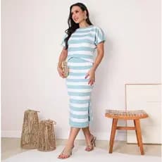 Conjunto Feminino Listrado de Tricot em Modal Leve, Estiloso e Confortável (Primavera Verão).