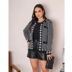 Casaco Cardigan Feminino de Tricot em Lã – Estampa Pied de Poule