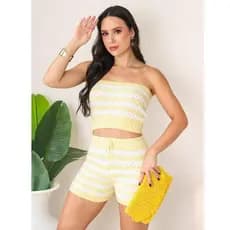 Conjunto de Tricot Feminino, Modal, Moda Verão Praia, Listrado. Cropped Tomara que Caia + Short