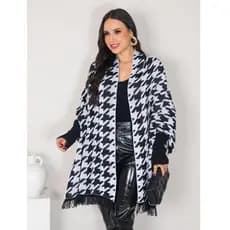 Capa Poncho Casual Tricot Pied Poule Feminino Franjas Manga Longa Outono Inverno