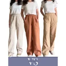 Calça Reta Linho Feminina Alfaiataria Cintura Alta Bege Com Bolsos