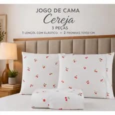 JOGO DE CAMA 3 PEÇAS - LENÇOL COM ELÁSTICO E FRONHAS - ESTAMPA CEREJA - ALGODÃO - CASAL PADRÃO - QUEEN - KING