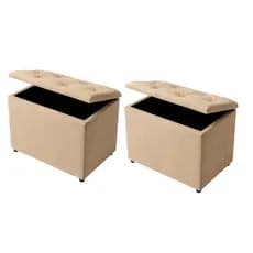 Kit 2 Puff Baú Retangular Corino e Suede Porta Objeto Organizador Decorativo Quarto Estofado