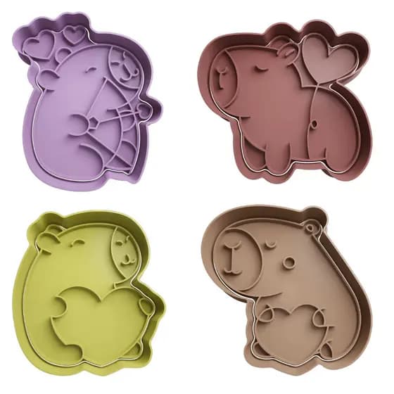Kit com 4 Cortadores de Bolacha Biscoito Pasta Americana Capivara Cupido com Puxador