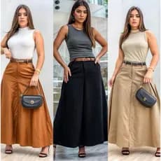 SAIA RODADA LONGA FEMININA ALFAIATARIA MODA EVANGÉLICA CASUAL BÁSICA INVERNO CINTURA ALTA ELEGANTE TENDÊNCIA