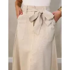 Saia Feminina Midi Linho Moda Evangélica Com Cinto no Material do Tecido Cintura Alta