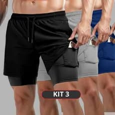 Kit 3 Bermudas 2 em 1 Masculina para Exercícios Físicos