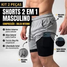 Kit 2 Peças Shorts 2 em 1 Masculino Compressão Interna Com Bolso Crossfit Treino Academia
