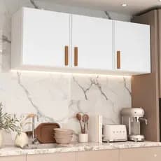 Armário Aéreo Medusa 3 Portas 120cm Cozinha Lavanderia Preto Puxador Amadeirado