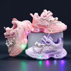 LED Tênis Infantil Meninas Moda Pérola Princesa Luminosa Sapatos Casuais