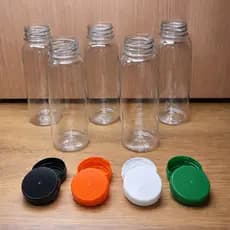 Kit 5 Garrafas PET 250ml Cristal Cilíndrica Lisa Com Tampa PCO 38mm Ideal para Sucos Água