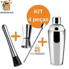 Kit Caipirinha 4 Peças Coqueteleira Inox Socador Dosador Duplo e Colher de suco  para Bares Restaurantes