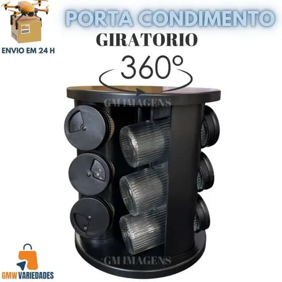 Porta Tempero e Condimentos Giratório Com 12 ou 9 ou 6 Potes De Vidro Preto