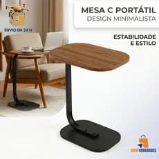 Mesa Lateral C Premium Multiuso p/ Notebook Sofá e Cama Suporte Prático para Trabalho e Lanche Home Office Preta
