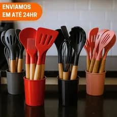Kit Utensílios de Cozinha 12 Peças • Silicone com Cabo de Madeira • Completo e Resistente