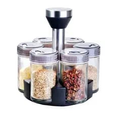 Porta Condimentos e Temperos Cozinha Giratório - Suporte com 6 Potes em Vidro + Suporte