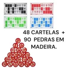 Jogo de bingo 48 cartelas coloridas + 90 pedras em madeira alta qualidade