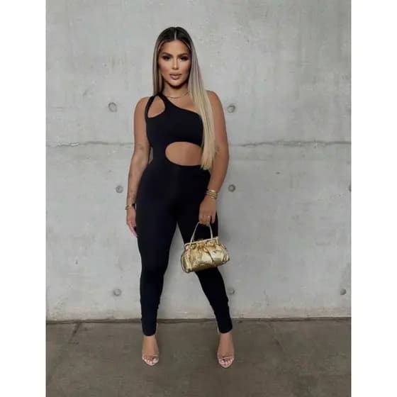 Macacão Feminino Longo Suplex Cintura Vazada Moda Gringa