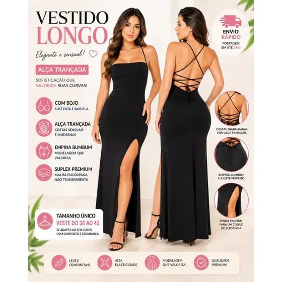Vestido Longo Suplex Premium Festa com Fenda Frontal e Alça Trançada Empina Bumbum Moda Blogueira Envio Rápido Atacado