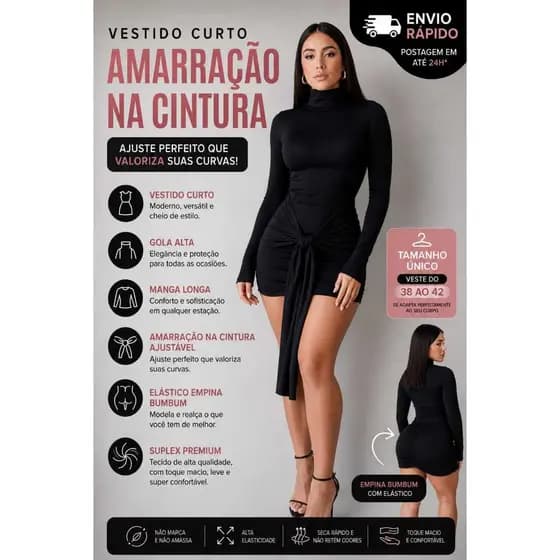 Vestido Curto Detalhe na Cintura Manga Longa Gola Alta Suplex Moda Blogueira Levanta Bumbum