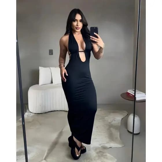 Vestido Longo Suplex Premium Preto Decote V Profundo Costa Nua Busto Duplo Modela Corpo Envio Rápido