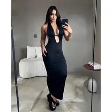 Vestido Longo Suplex Premium Preto Decote V Profundo Costa Nua Busto Duplo Modela Corpo Envio Rápido