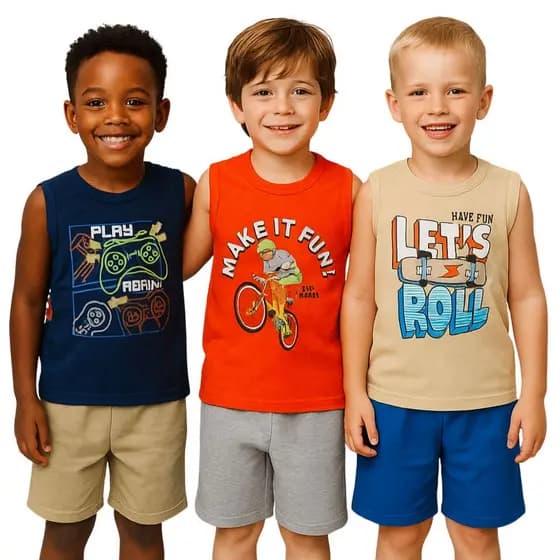 Kit 3 Conjuntos Masculinos Infantis – 3 Camisetas Regata + 3 Bermuda | Tamanho 1 ao 8