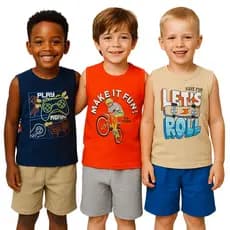 Kit 3 Conjuntos Masculinos Infantis – 3 Camisetas Regata + 3 Bermuda | Tamanho 1 ao 8