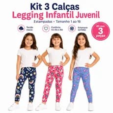 Kit 3 Calças Legging Infantil Juvenil Estampadas Menina Tamanho 1 ao 16 Confortável