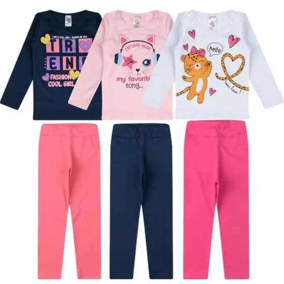 Kit 3 Conjuntos Infantis Meia Estação – Blusa + Calça Legging | Tamanho 1 ao 8