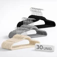 10 Cabides de Veludo Antideslizante Gancho Cromado Preto kit Aço