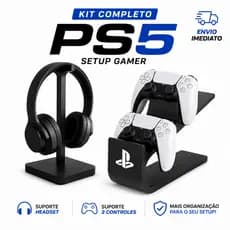 Kit Completo PS5 Suporte Para Headset E Controle Organizador Mesa Gamer Playstation