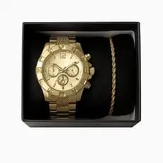 Kit Relógio Masculino Dourado + Pulseira Aço Inox Entrelaçada | Kit Luxo Elegante Analógico
