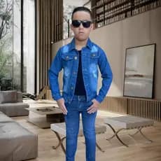 Conjunto de 02 Peças Jaqueta Jeans Casual Infantil e Calça Jeans Menino Elegante com Envio Imediato
